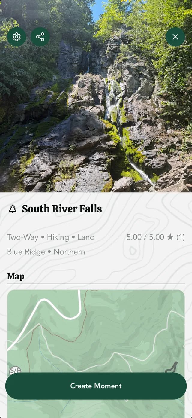 South River Falls details, photograph, and route map in the native app.
